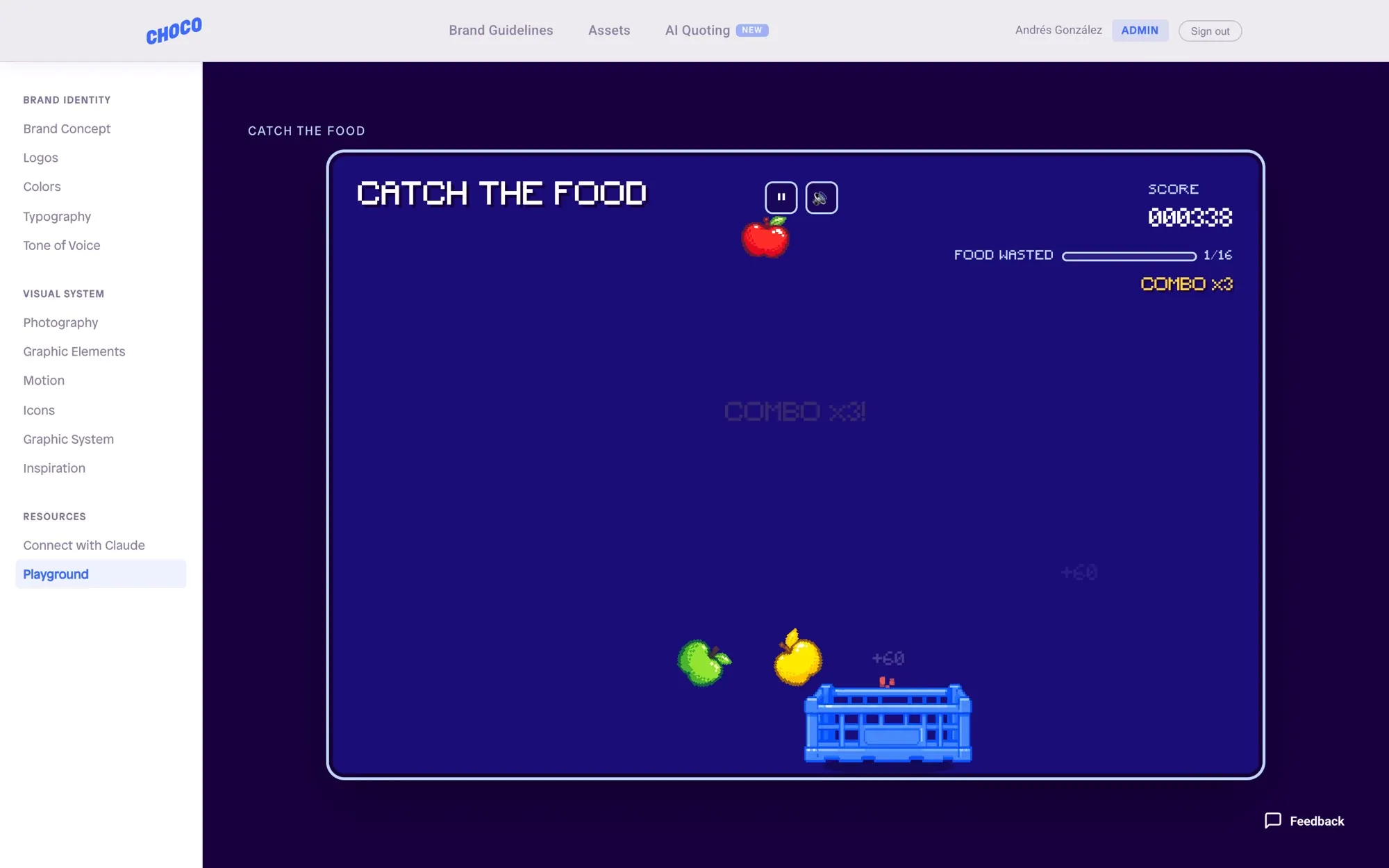 Catch the Food, mid-run: a canvas arcade game built from the brand’s own food cutouts.